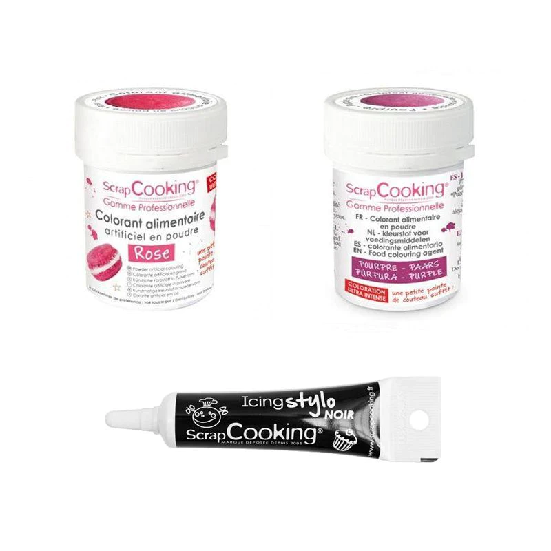 2 colorants alimentaires pourpre-rose + Stylo glaçage noir Scrapcookin