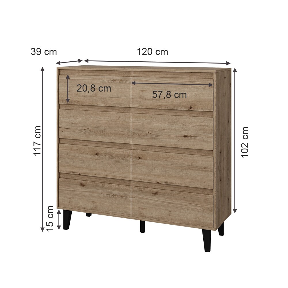 Vicco Sideboard Bahia Eiche 120 x 117 cm mit 8 Schubladen