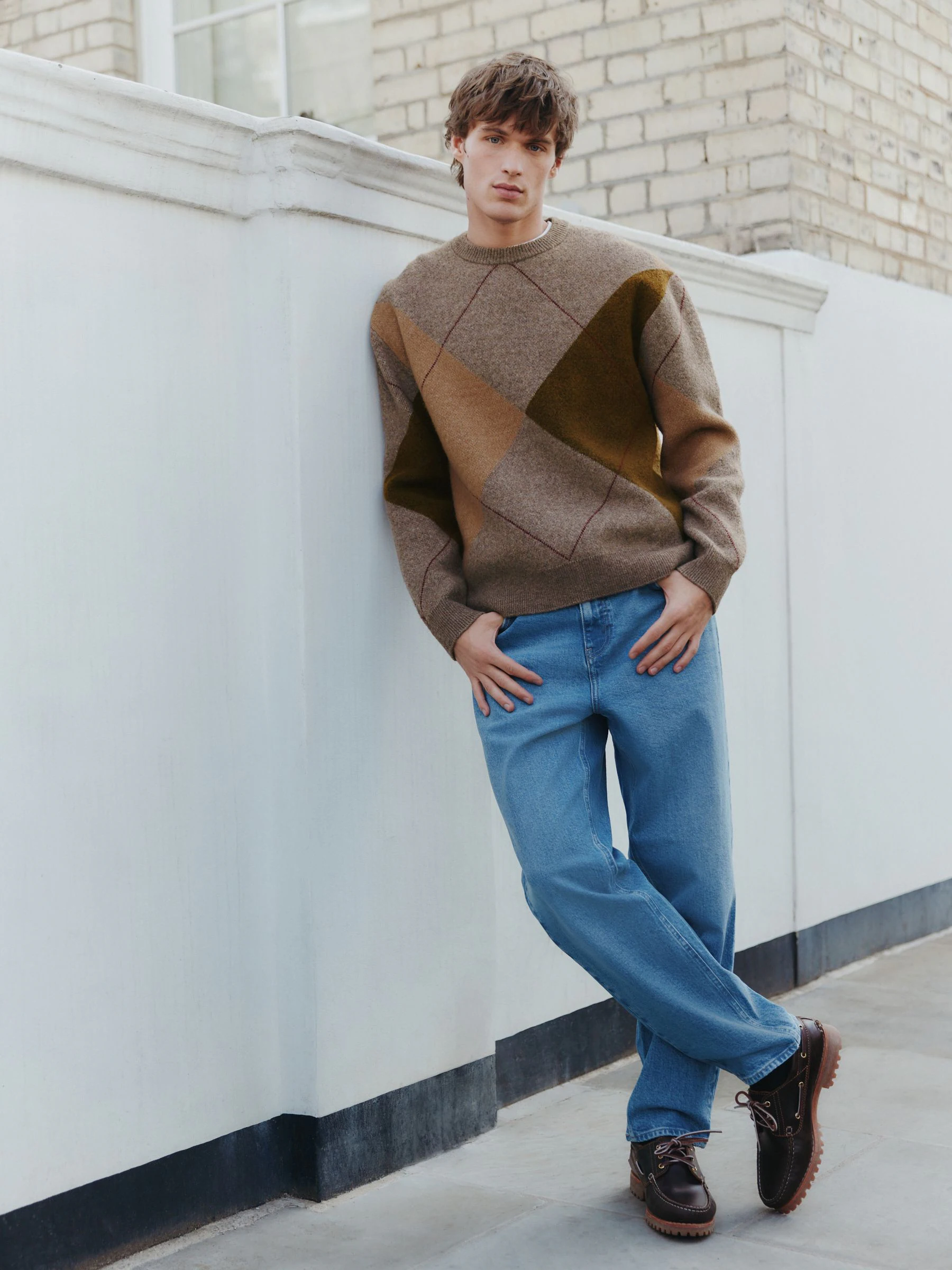 Bruin - Relaxed Fit Argyle Pattern Crew Jumper with Wool