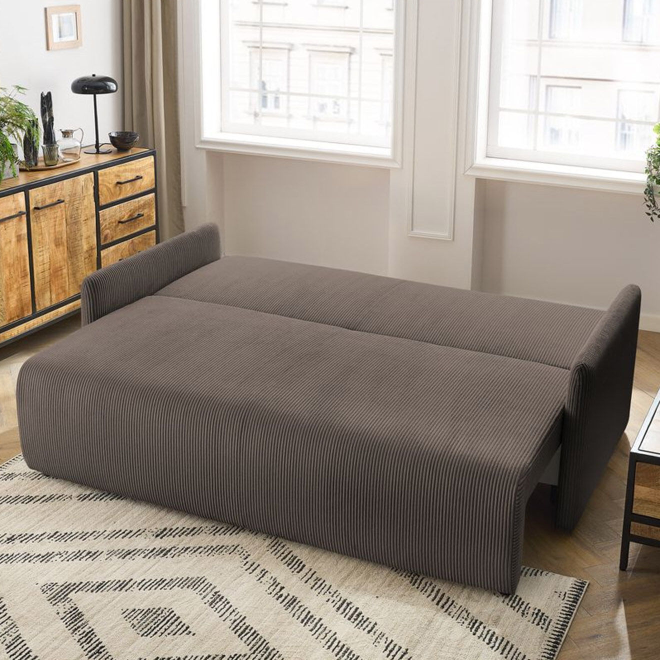 Bobochic Canapé convertible coffre marcel velours côtelé taupe  - 211x100x86 cm