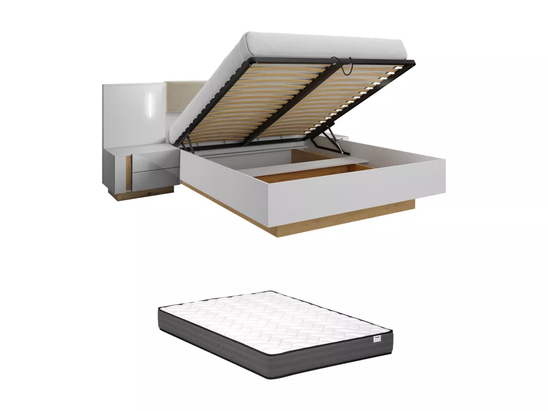 Lit coffre avec chevets 160 x 200 cm - Avec LEDs - Blanc et naturel + Matelas - MURARI