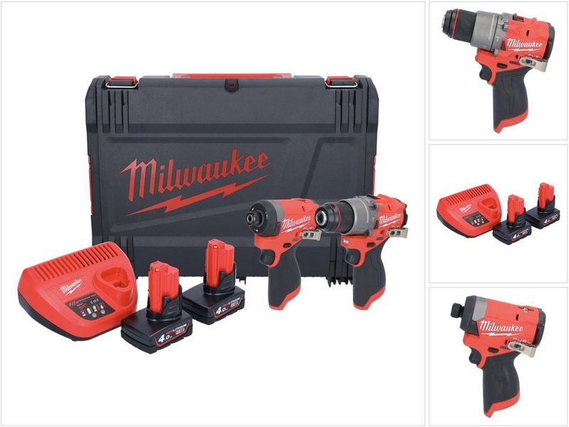 Milwaukee - M12 POWERPACK - Accu Slagboormachine/Slagschroevendraaier Set - 12V - Incl. 4.0 Ah Accu's [2x] en Lader in HD BOX