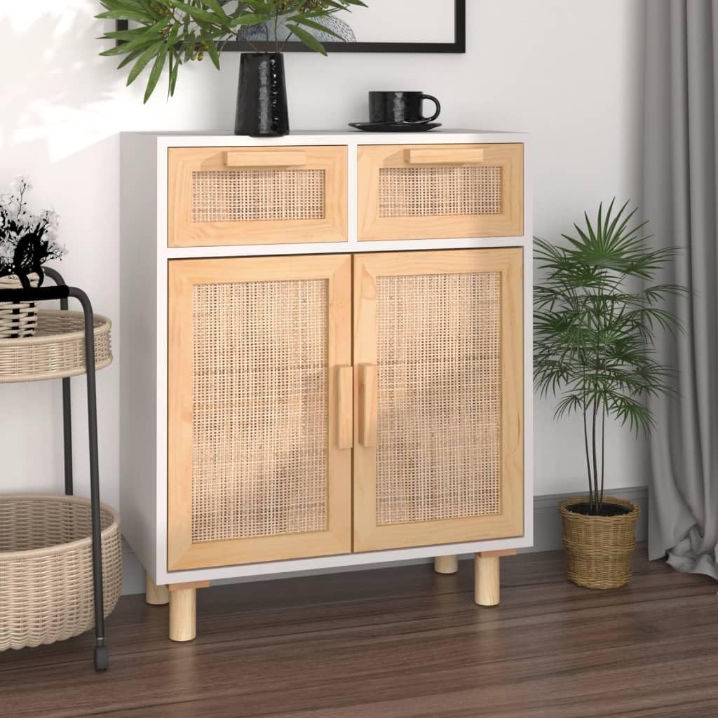 vidaXL Sideboard Schrank Anrichte Beistellschrank Kommode Mehrzweckschrank Standschrank Weiß 60x30x75cm Massivholz Kiefer Natur-Rattan