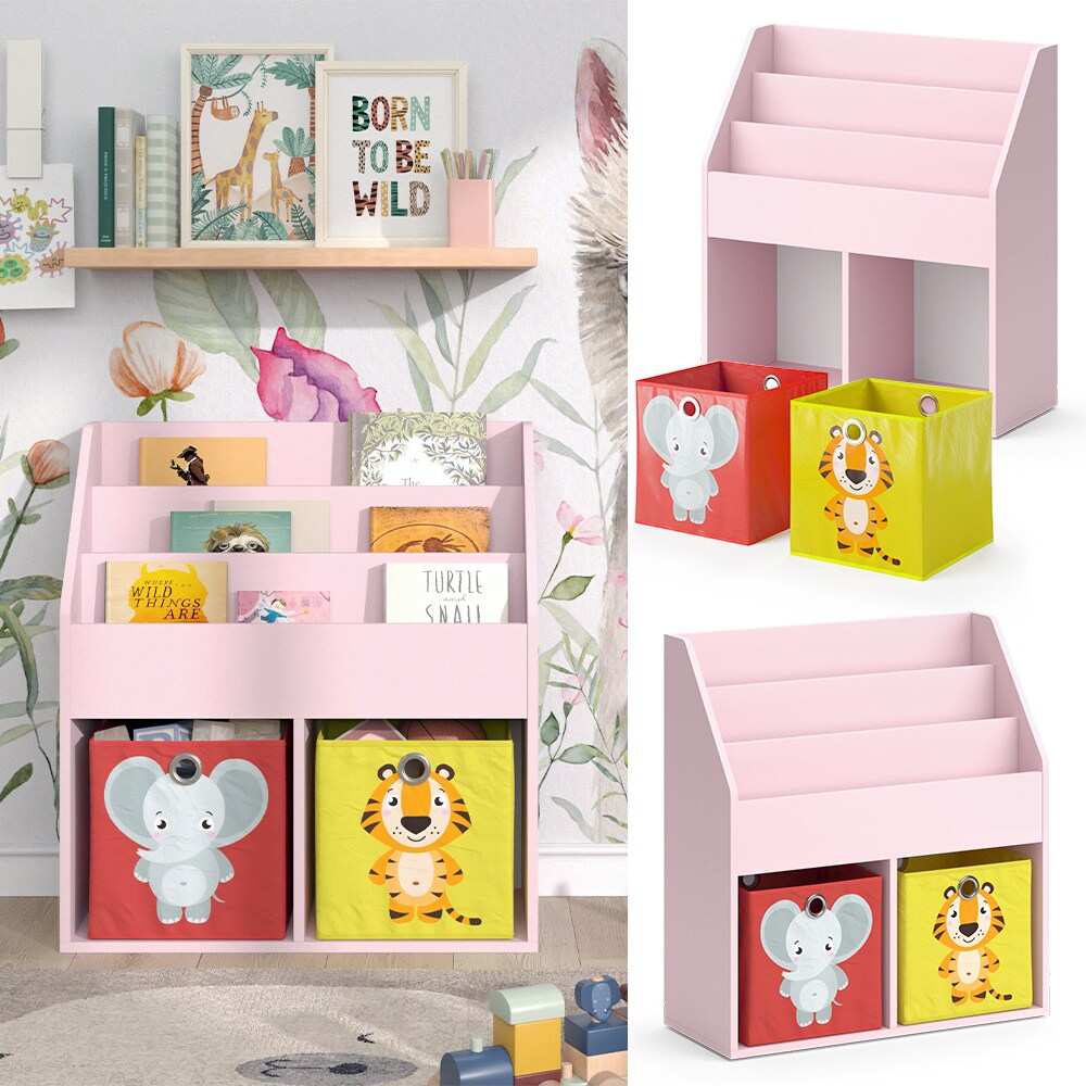 Vicco Kinderbücherregal Luigi 72 x 79 cm, Rosa, Kinderzimmerregal, mit Faltboxen