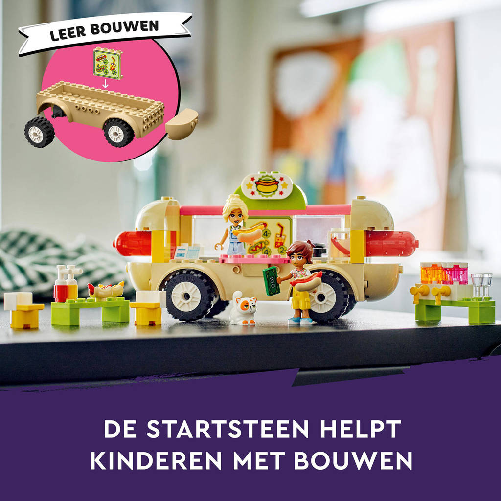 Goed om het fantasiespel te stimulerenHotdogfoodtruck Speelgoed Voertuig Set met Mini Poppetjes en Kat 42633