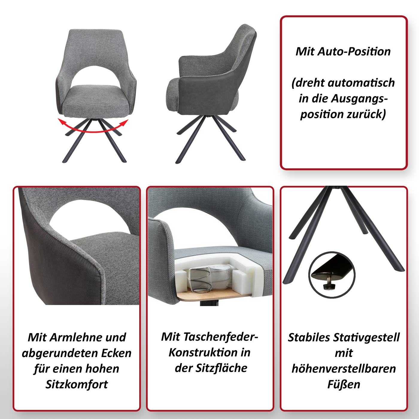 Esszimmerstuhl MCW-K30, Küchenstuhl Lehnstuhl, drehbar Auto-Position, Stoff/Textil MVG ~ Kord-dunkelgrau