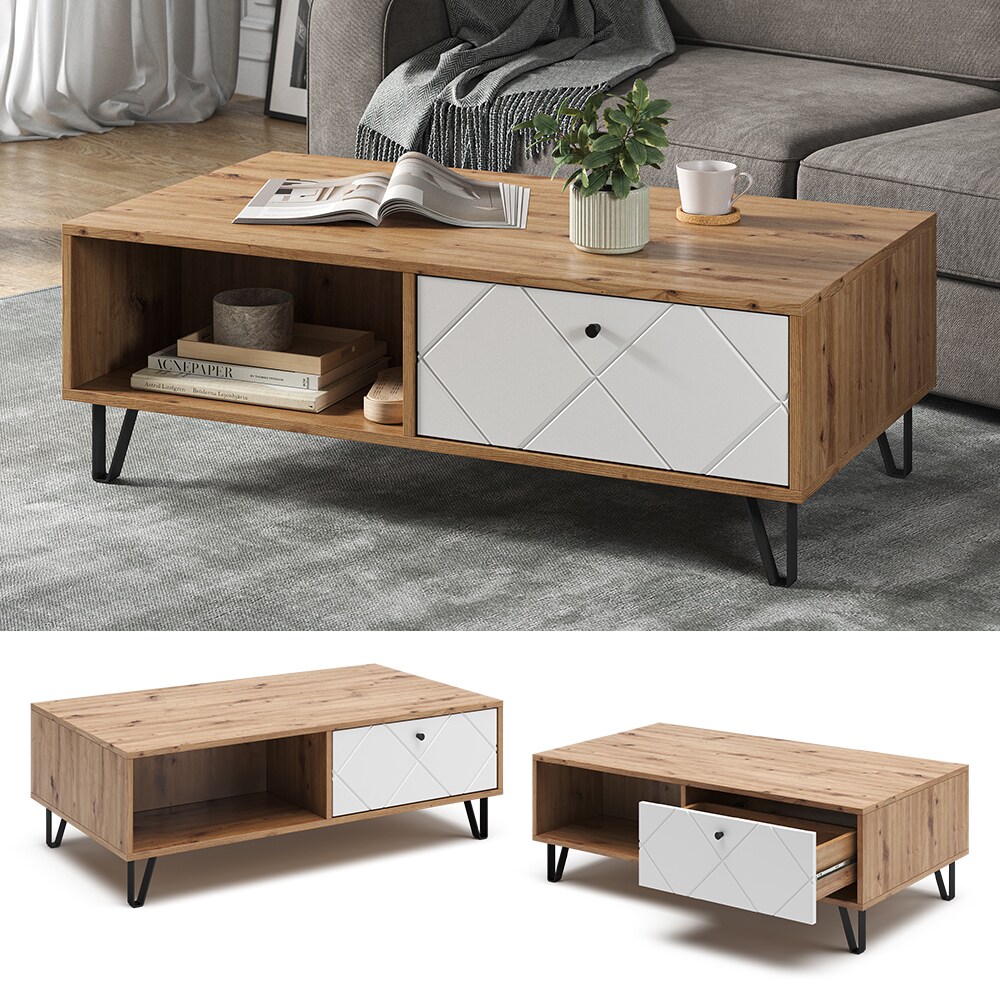 Vicco Couchtisch Nizza 110 x 37 cm, Artisan Weiß, moderner Tisch mit Ablagen