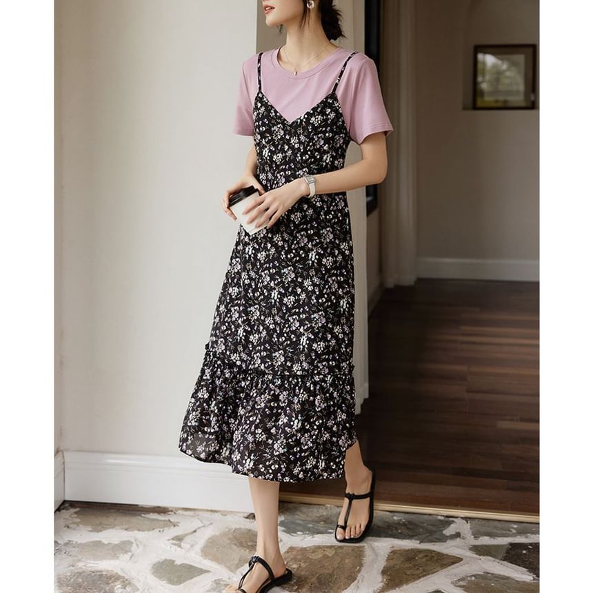 Kwuartz - Mock Two-Piece Short-Mouw Floral Print Midi A-Line Dress