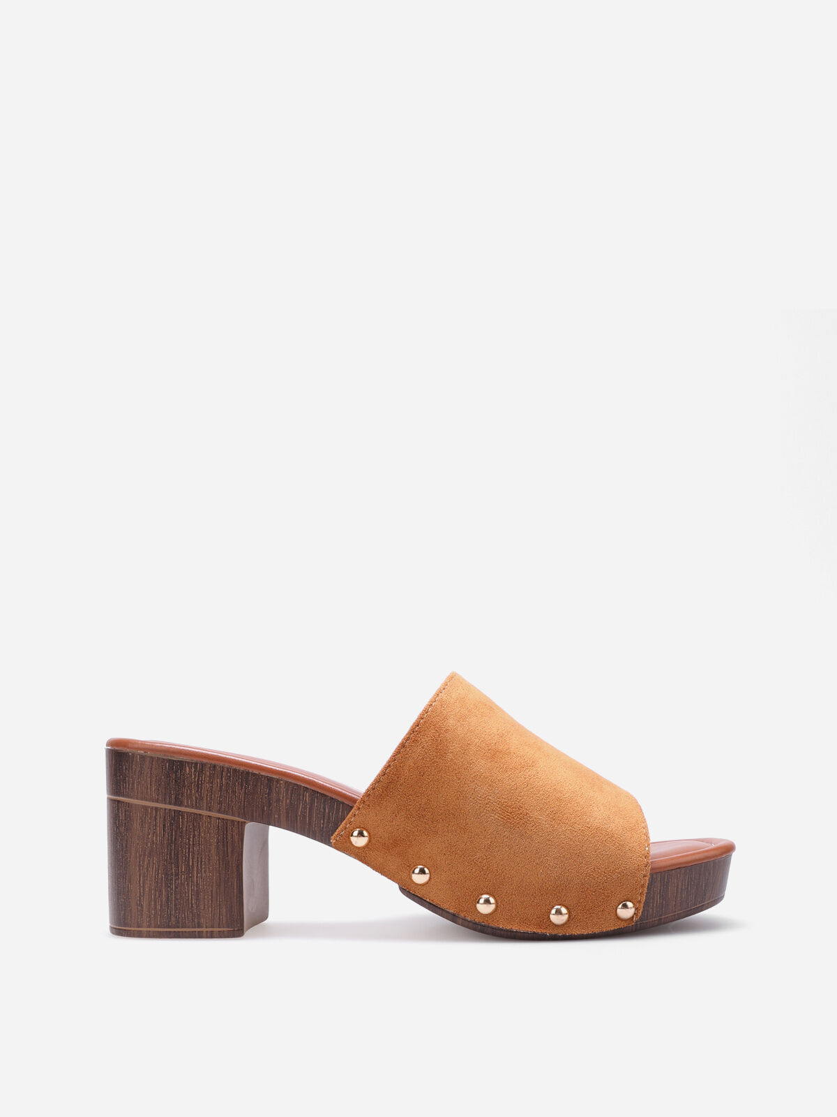 Mules sabots cloutées en suédine- Camel
