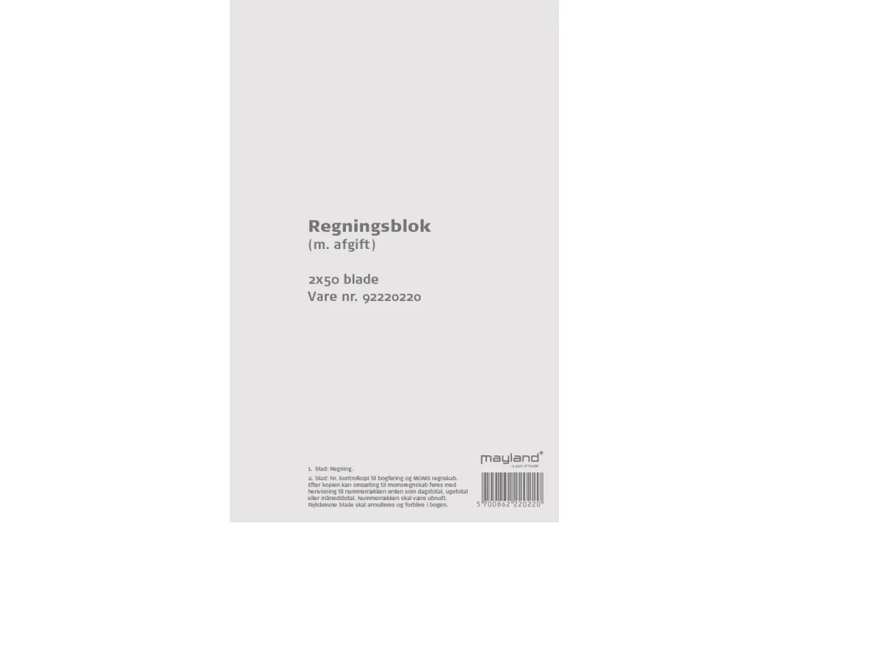Regningsblok 126x200 mm med afgift - 2x50 blade - (10 stk.)