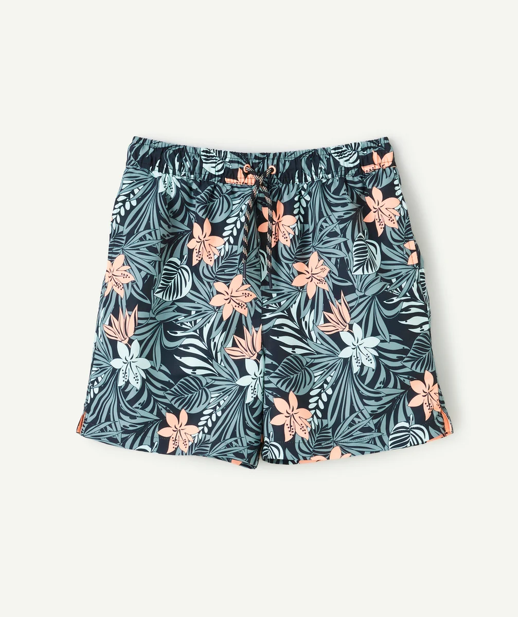 SHORT DE BAIN GARÇON EN FIBRES RECYCLÉES NOIR ET IMPRIMÉ TROPICAL
