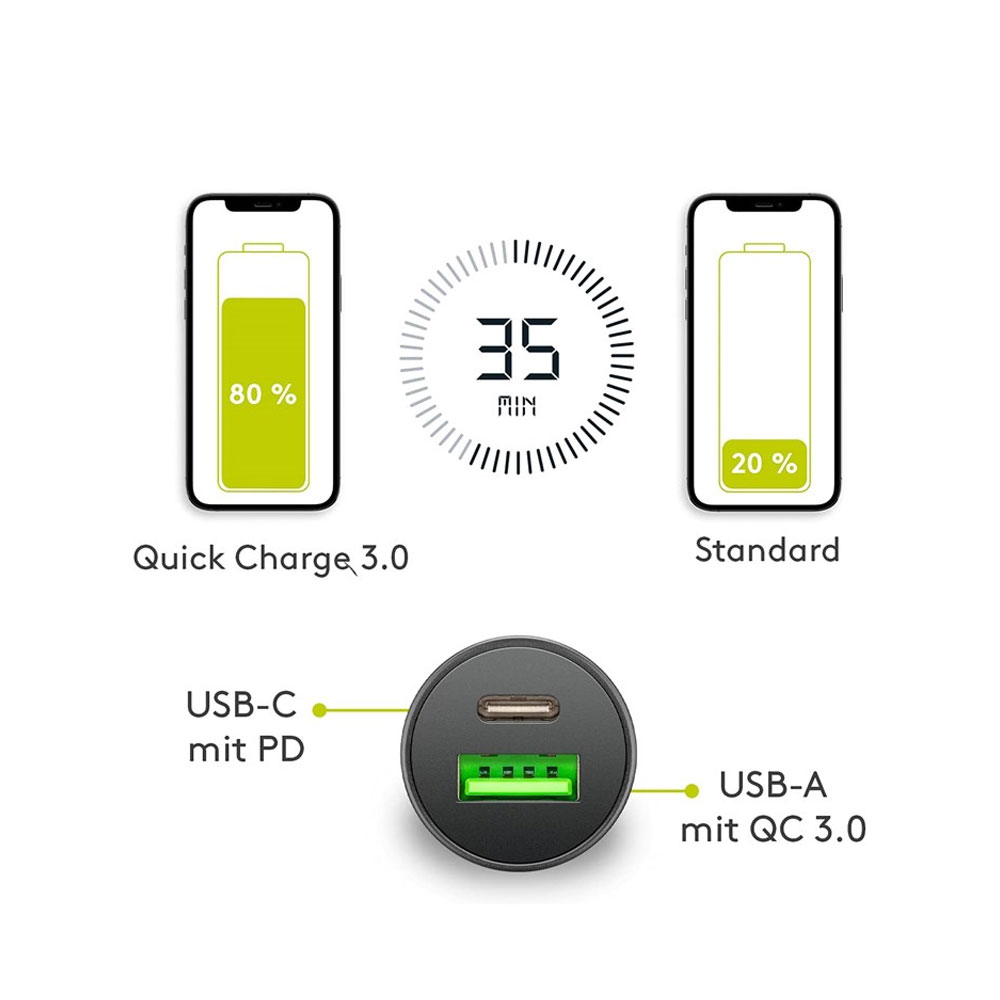 (27W/3A) USB C / USB A Auto KFZ Ladegerät   Power Delivery 3.0   Quick Charge 3.0 - Schwarz