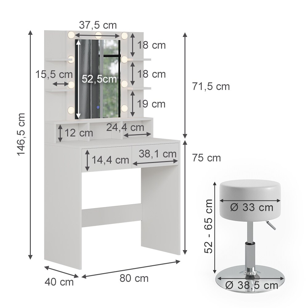 Vicco Schminktisch Taylor 80 x 146,5 cm Weiß modern LED Spiegel Hocker Frisiertisch