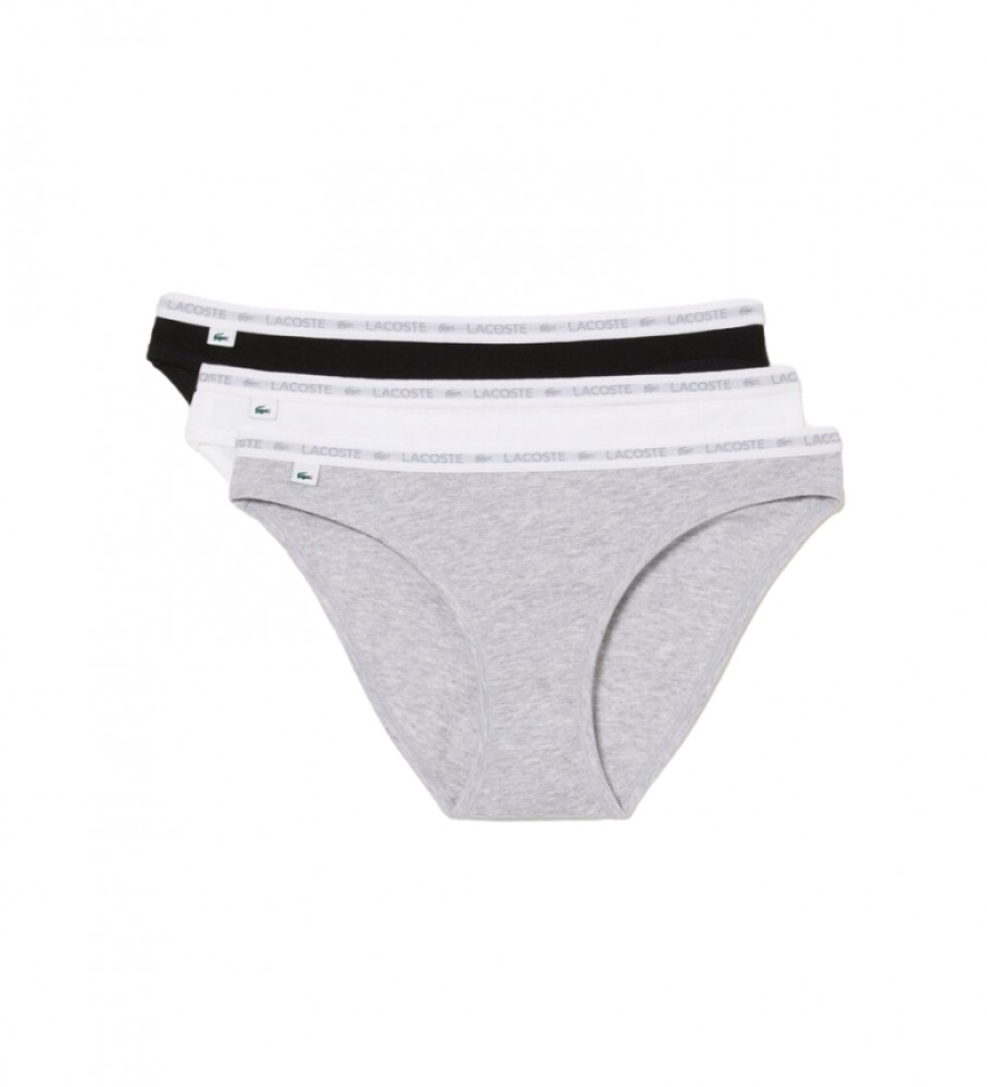 Conjunto de 3 calcinhas Lacoste com cintura A e contraste nas cores preto, cinza e branco.