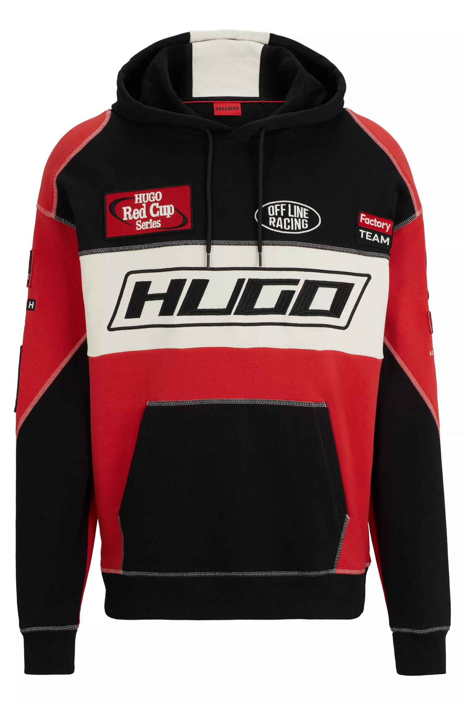 Moletom HUGO vermelho com blocos de cor em algodão e detalhes inspirados em corridas.