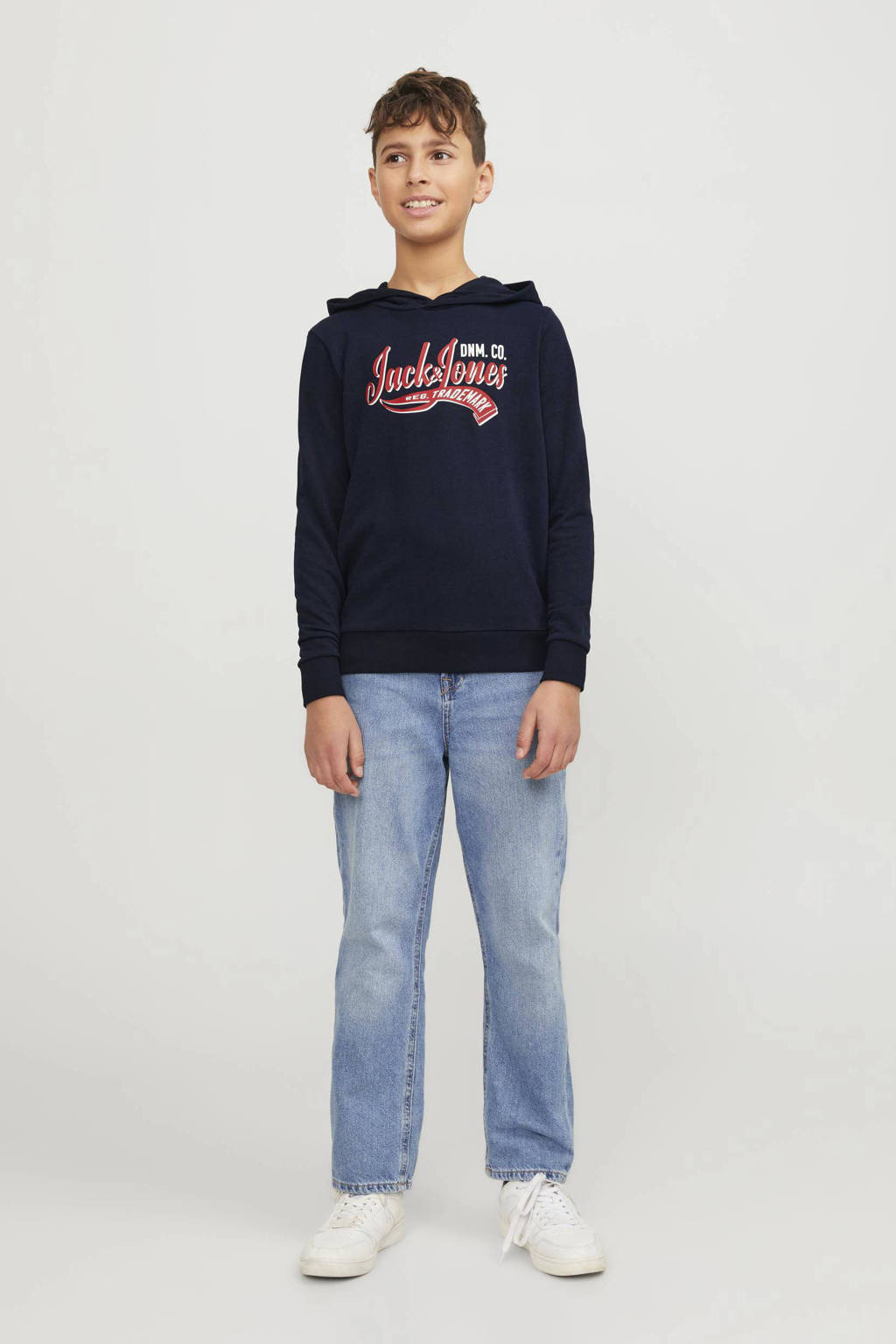 JACK & JONES hoodie JJELOGOmet tekst donkerblauw/rood