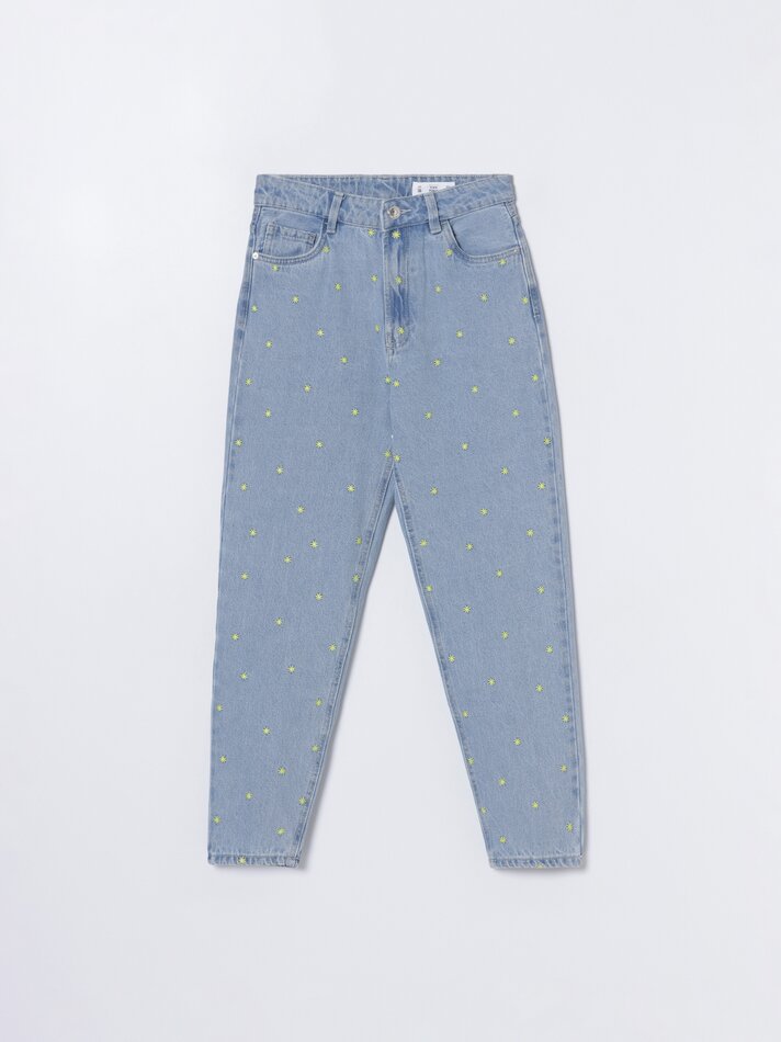 Calça jeans Mom Fit bordada - Turquesa Médio