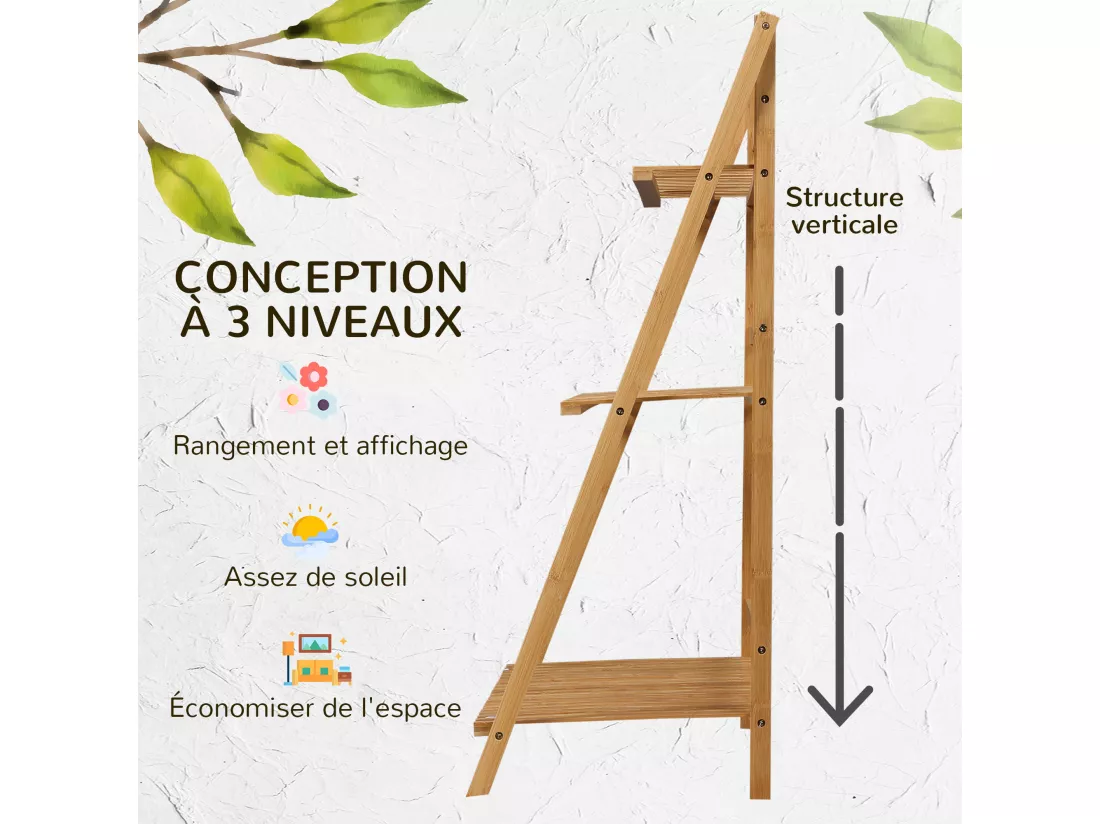 Étagère échelle à fleurs en bois de bambou - porte plantes pliable bois 3 étagères à lattes