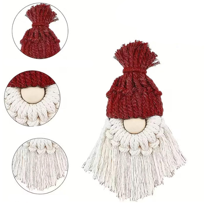(16-tlg. Set) DIY Makramee Weihnachts Wichtel Anhänger Boho Deko Bastel Zubehör inkl. Holz Perlen - Grau / Grün / Rot