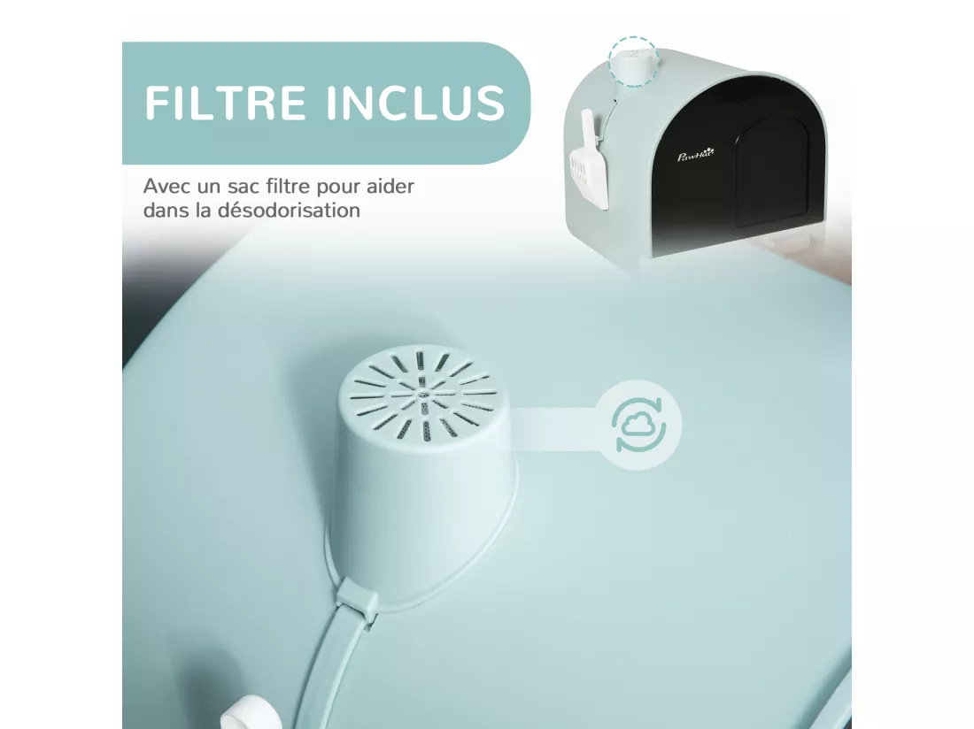 Maison de toilette bac à litière pour chat avec porte battante, pelle et filtre inclus dim. 43L x 44l x 47H cm PP bleu