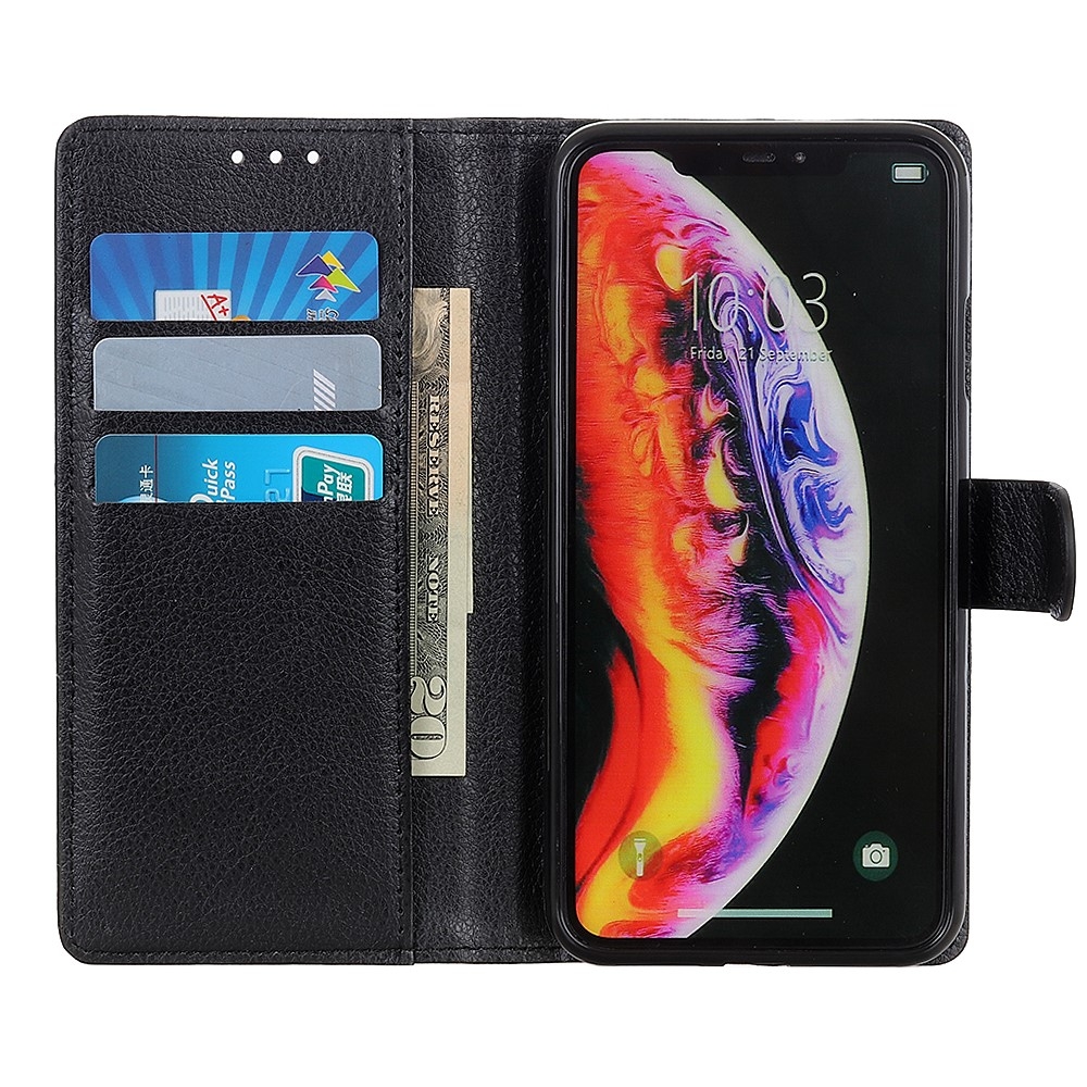Samsung Galaxy A40 Leder Tasche Flip Cover Litchi Look - Schwarz