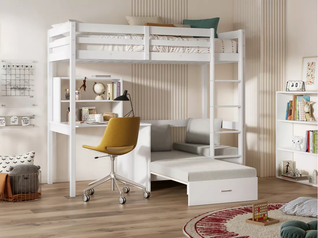 Lit mezzanine 90 x 200 cm avec bureau, sofa convertible et rangements - Pin massif - Blanchi + Matelas - GOLIATH III