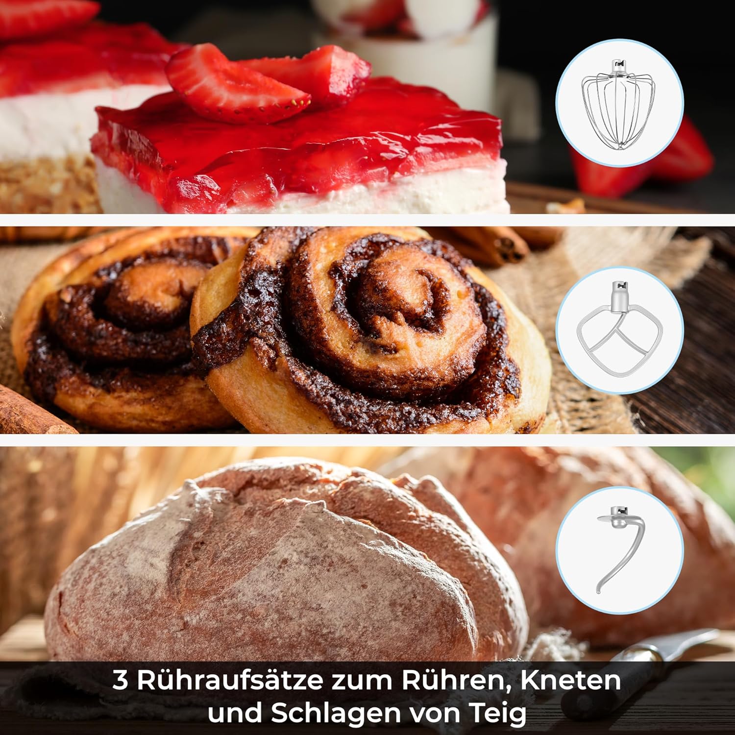 KLAMER Küchenmaschine Classic 1400 W – 5,5 L Rührschüssel aus Edelstahl, Knet-, Rühr- & Schneebesenaufsatz, Timer & LED-Display, stabile Saugnapffüße, ideal für Brot-, Kuchen- & Pizzateig