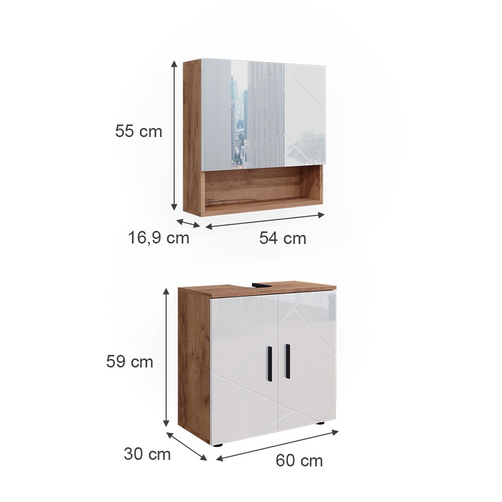 Vicco Badmöbelset Irma Eiche Weiß Hochglanz modern Badezimmerschrank Badschrank Badezimmermöbel Waschtischunterschrank Spiegelschrank Schranktür Schrankfach