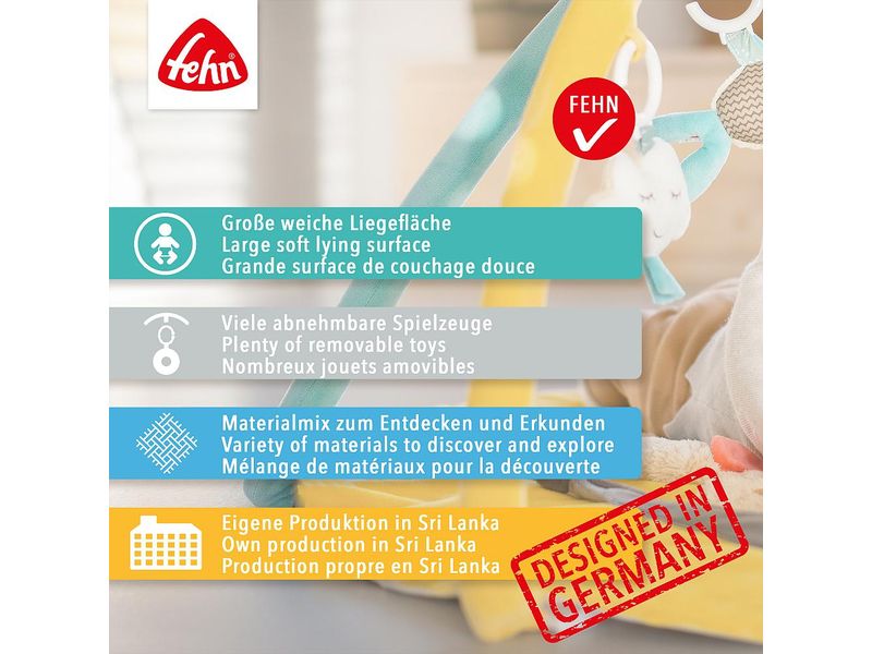fehn 3-D-Activity-Decke Faultier, Grau/Beige Babyspielmatte mit spielerischen Aktivitäten