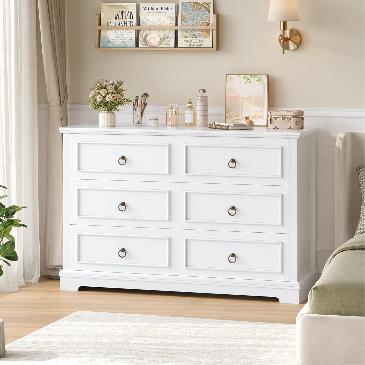 Kommode Weiß mit 6 Schubladen, 120 cm Breit Kommode mit Holzmaserung, Sideboard Komodenschrank für Schlafzimmer, Wohnzimmer, Schubladenschrank weiß mit Arbeitsplatte, 120 x 84 x 40 cm
