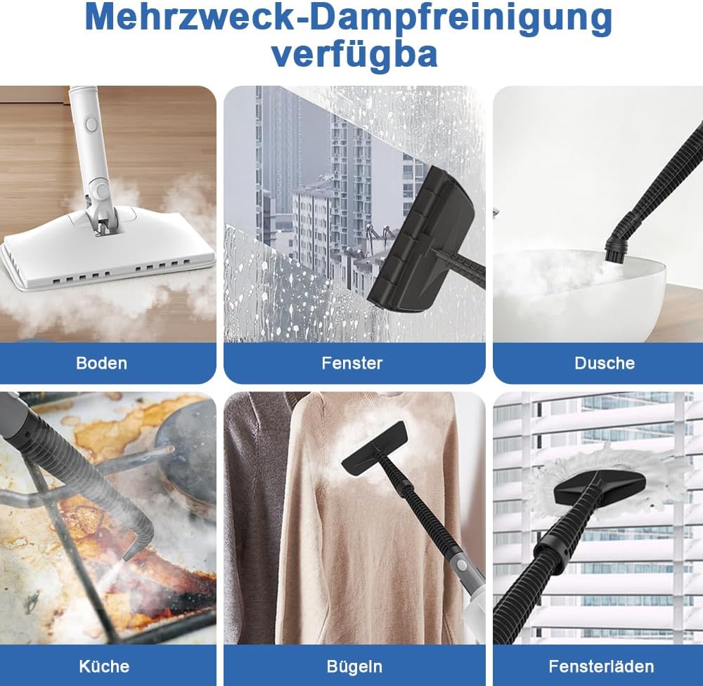 Dampfreiniger Upright, Aufheizzeit: 15 s, Handgerät mit abnehmbarem Reiniger, 2 Dampfstufen, Zubehörteile und Mikrofaserpads, Ideal für Alle Böden, Teppiche