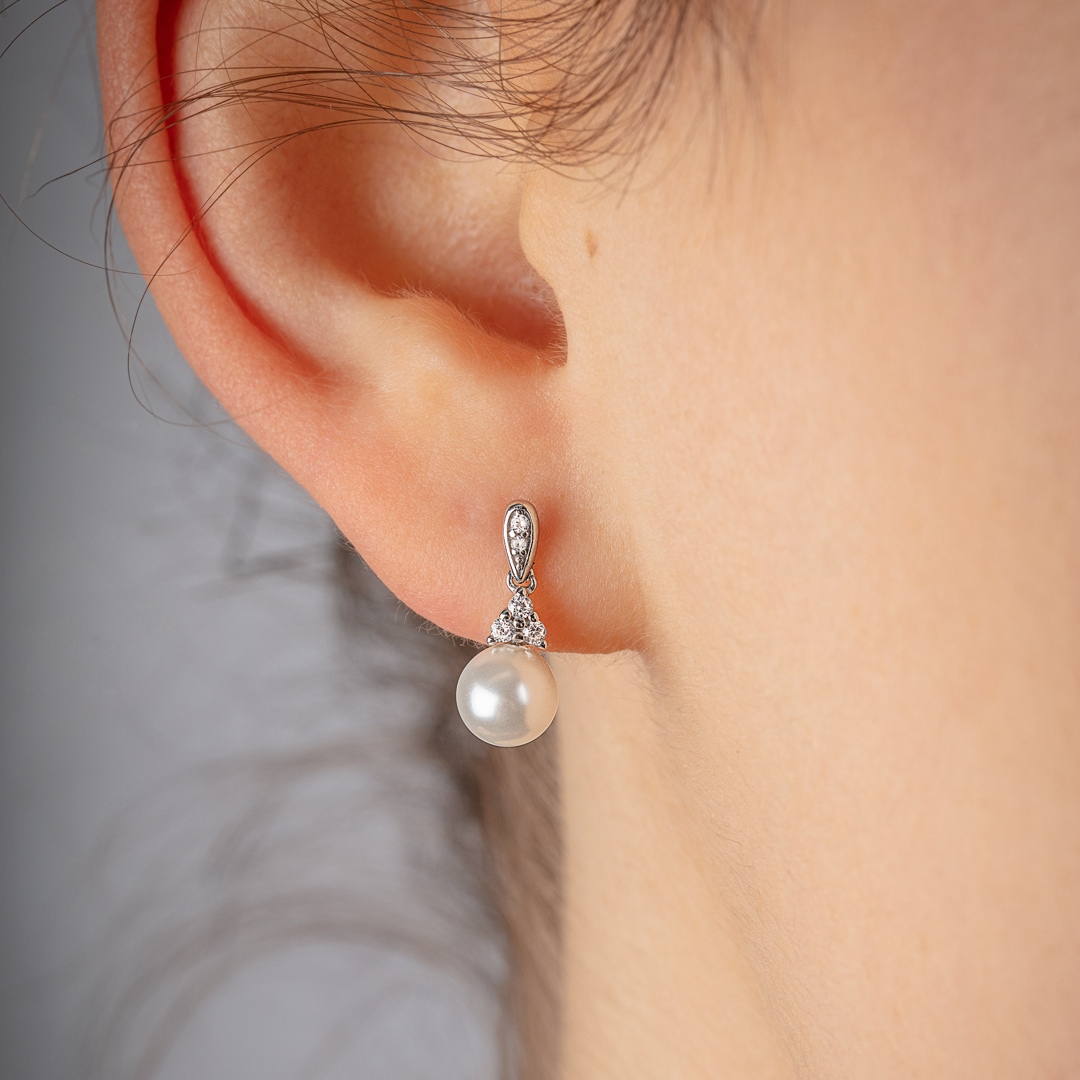 Ohrstecker 925 Silber rhodiniert mit Kunstperlen 6mm & Zirkonia