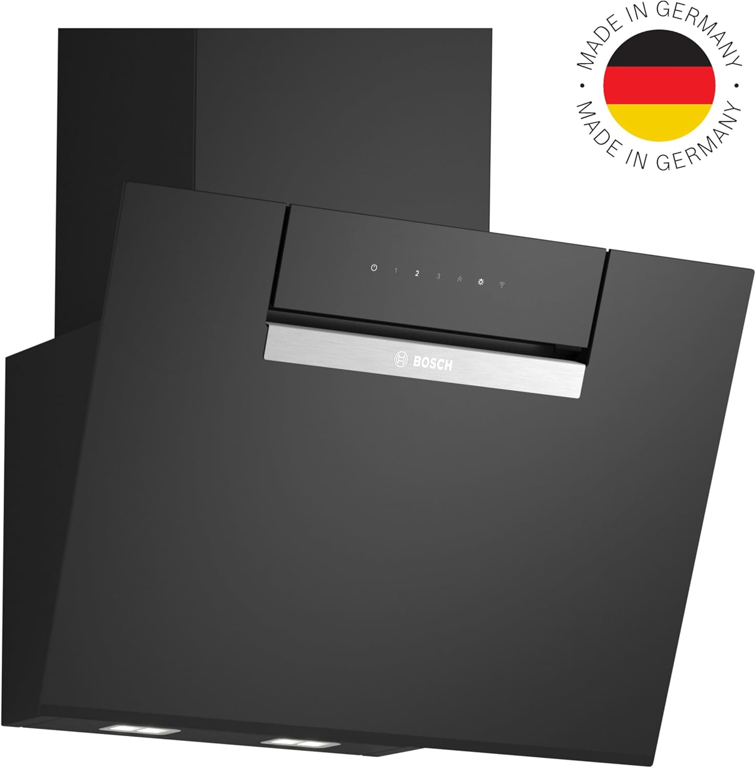 Bosch DWK67FN60, Serie 4, Smarte Dunstabzugshaube, 60 cm, Klarglas schwarz bedruckt, Wandesse Made in Germany, Automatische Anpassung an Kochfeld, Steuerung über Kochfeld, Einstellbare Farbtemperatur