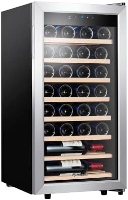 Kalamera Weinkühlschrank, 28 Flaschen 86 Liter, Touch-Bedienfeld, Edelstahl Glastür, 5-18°C Kühlzone, Abnehmbar Holzauflagen, KRC-86FCSS-W