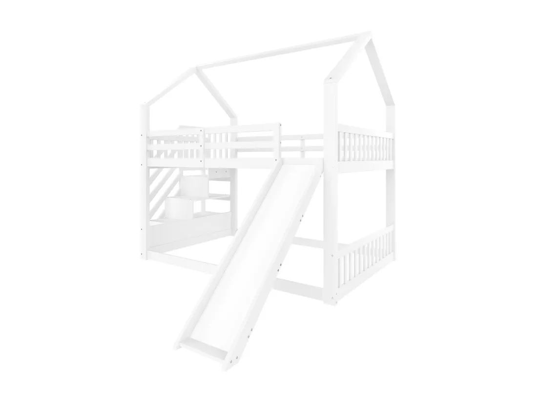 Lit superposé 140x200cm en bois - avec barrières + escalier de rangement + toboggan - Blanc