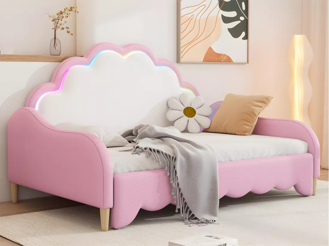 Lit enfant tirable en similicuir - 140x200cm - avec LED et télécommande - Rose (équipé d'un matelas)