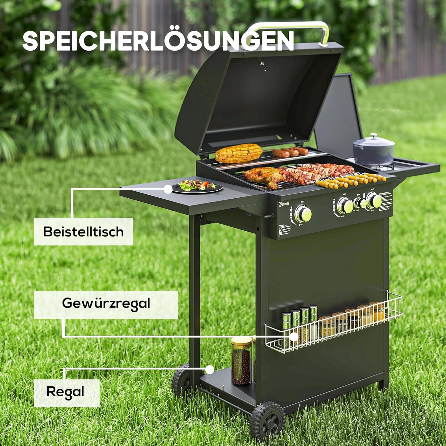 Outsunny Gasgrill 9,5 KW Grillwagen inkl 4 Brenner Seitenkocher Druckminderer Gasschlauch Rolle, BBQ Gartengrill mit 2 Heizzonen Deckel Seitenablagen Thermometer Grill für Balkon 123x57x98 cm