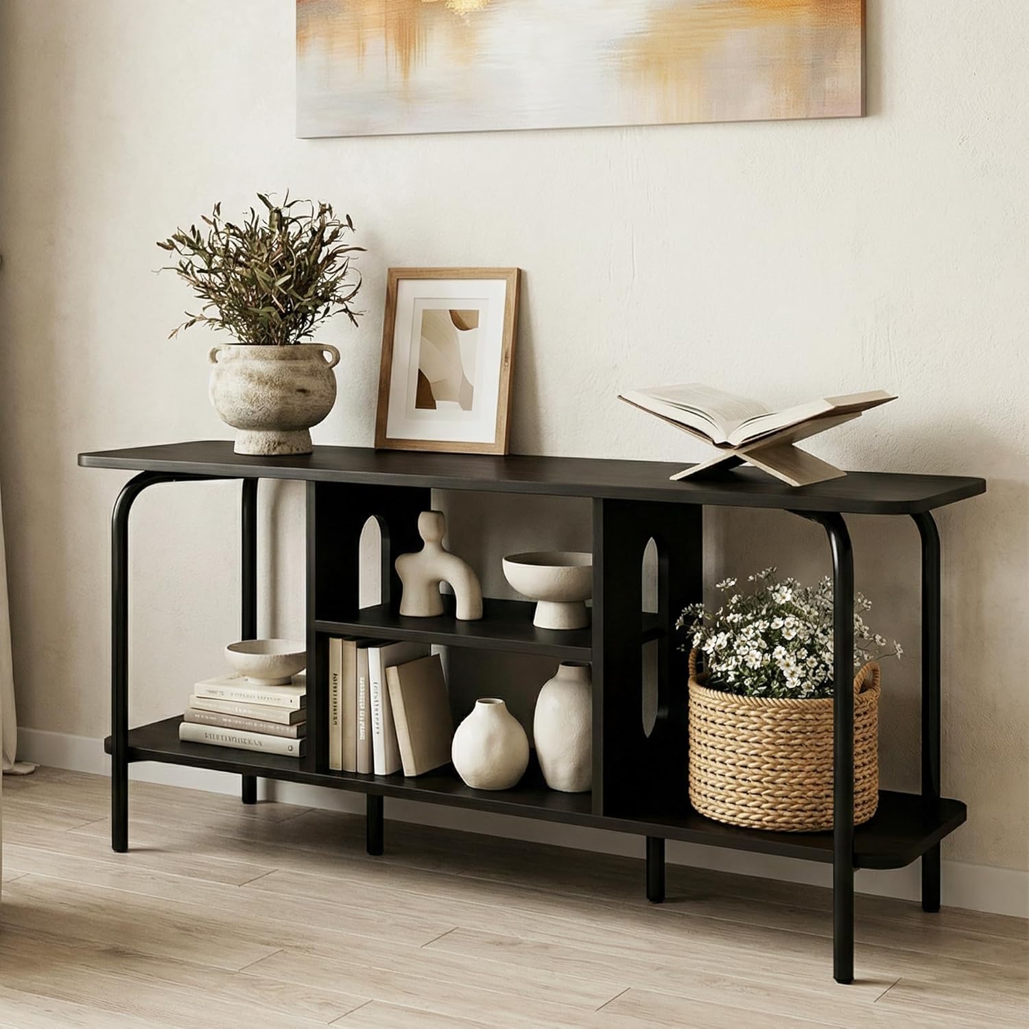 Manora TV Schrank Schwarz 120cm Lang mit Lowboard Funktion,Modern TV Board mit 4 Offenen Fächern,Fernsehtisch Hoch Bräunlich-schwarz，TV Tisch mit Metallfüßen,TV Sideboard für Wohnzimmer