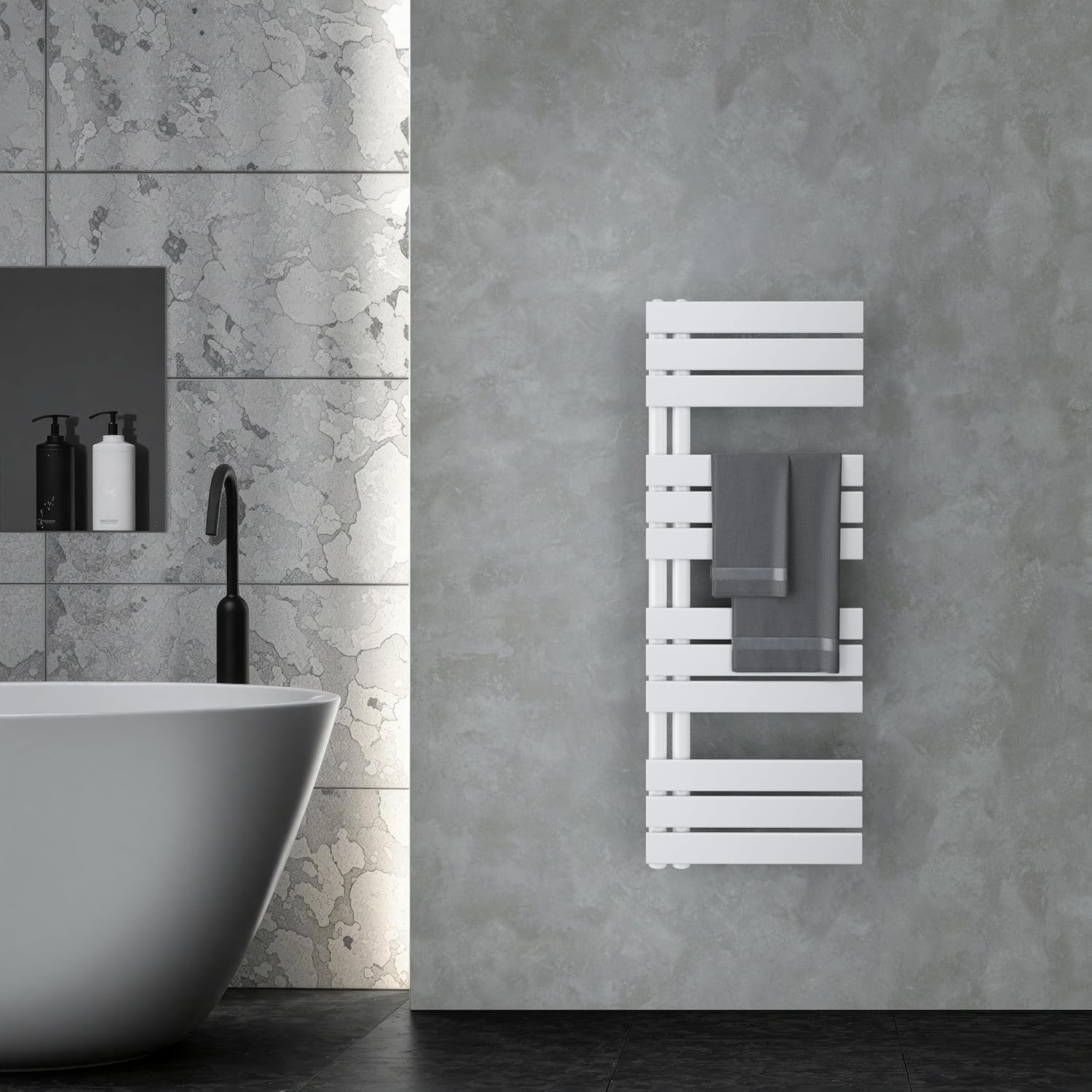 VILSTEIN® Badheizkörper [120x45cm] - Handtuchheizkörper Elektrisch einsetzbar [SEITLICH OFFEN] - Handtuchtrockner Badezimmer - Handtuch Heizkörper Bad - Handtuchheizung - Wandheizkörper - (Weiß)
