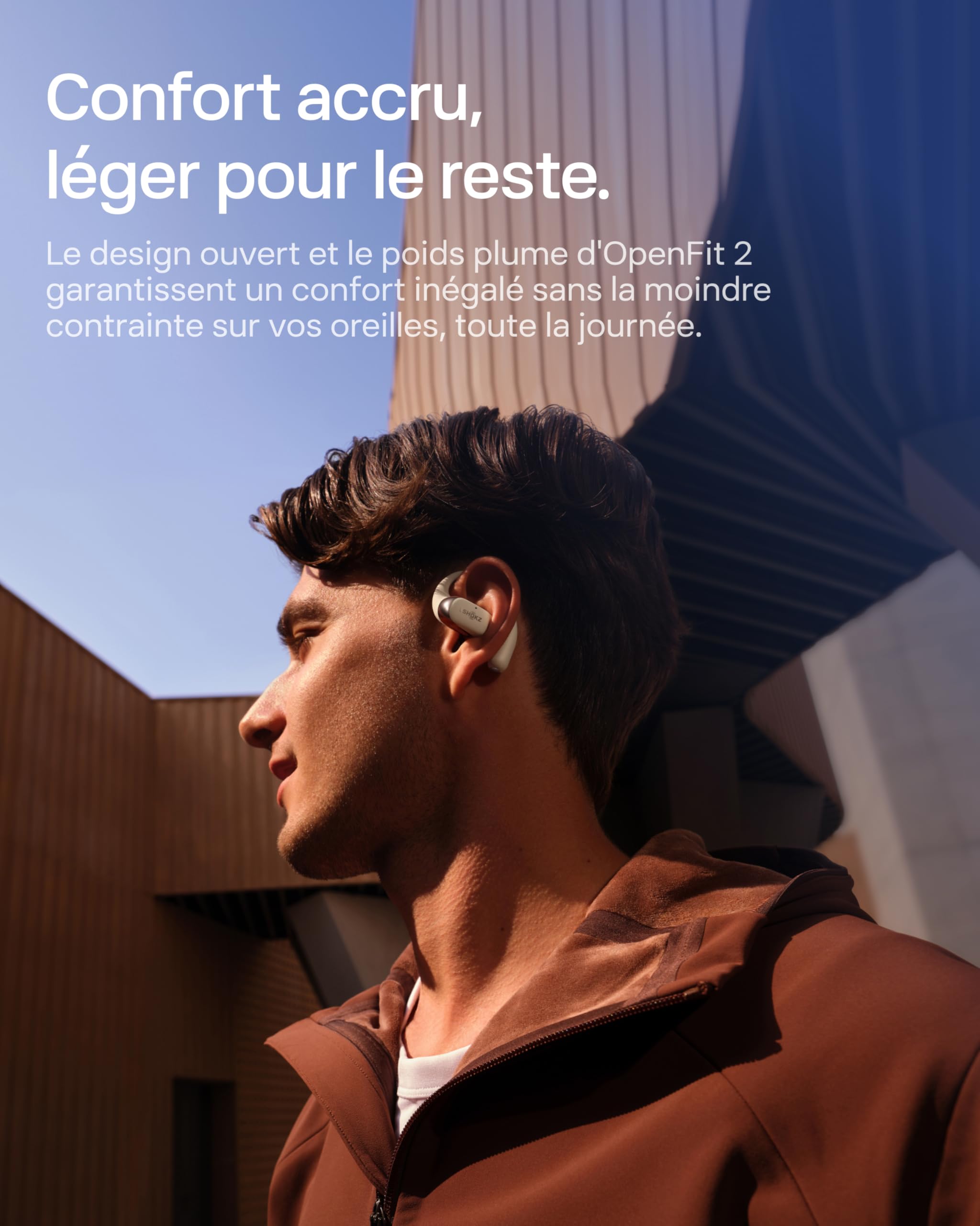 SHOKZ OpenFit 2 Casque à Oreilles Libres, écouteurs Bluetooth sans Fil avec Micro, écouteurs avec Crochet d’oreille et 48 Heures de Lecture, Charge Rapide, résistance IP55, Sac de Transport, Beige