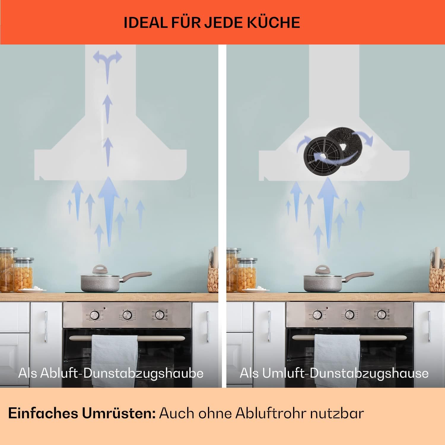 Klarstein Dunstabzugshaube Umluft/Abluft, Leise Abzugshaube, Edelstahl Wandhaube, Dunstabzugshaube mit Filter, Dunstabzugshaube 60cm, Umlufthaube mit LED-Licht, Dunstabzug Kopffrei 509 m³/h Luftstrom