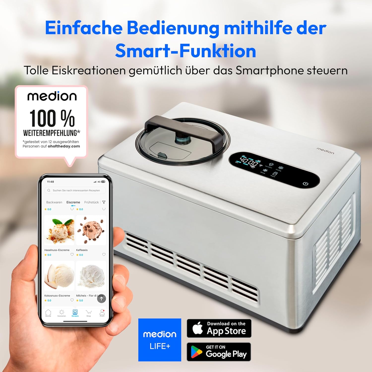 MEDION smarte Eismaschine mit Kompressor (selbstkühlend, 2 Liter, App Steuerung inkl. Eis-Rezepte, Joghurt, Eiscreme, Sorbet, LED Display, Edelstahl, MD12170)