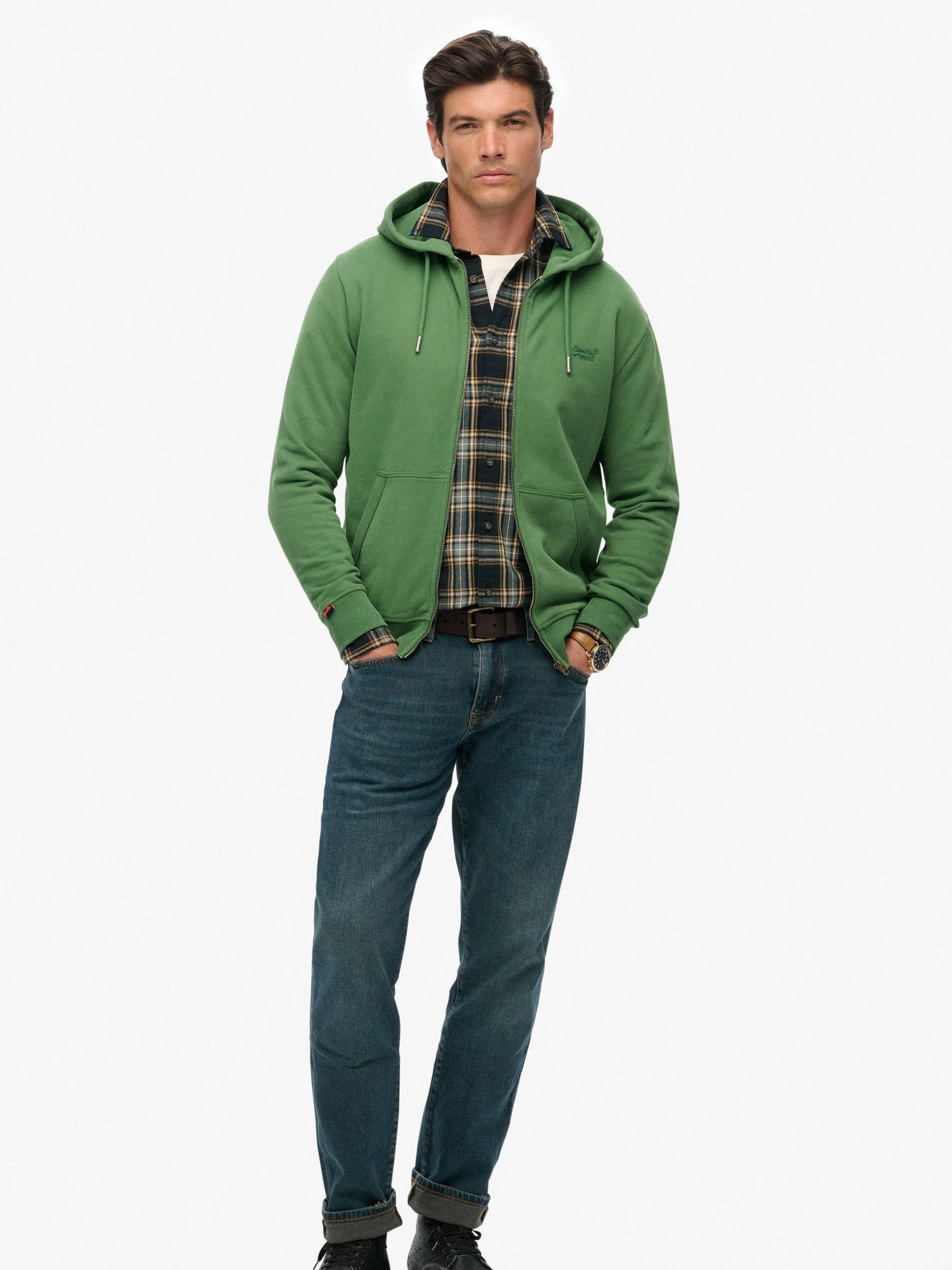 Blauwgroen - Superdry Essential hoodie met logo en halve rits met geborstelde voering