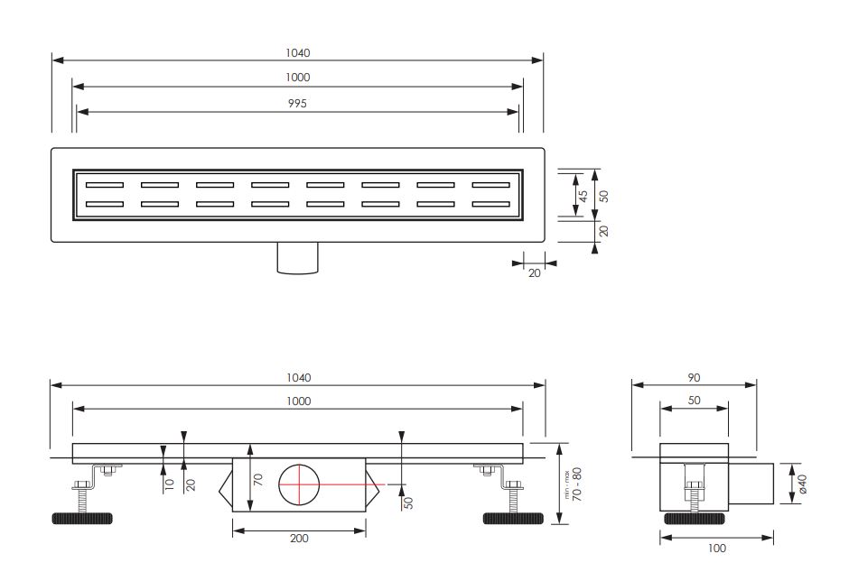 Brauer Small douchegoot 100cm met standaard rooster en flens RVS geborsteld