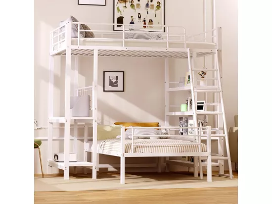 Lit superposé, cadre en métal, lit en mezzanine, 90*200, lit multifonctionnel avec plusieurs compartiments de rangement, blanc