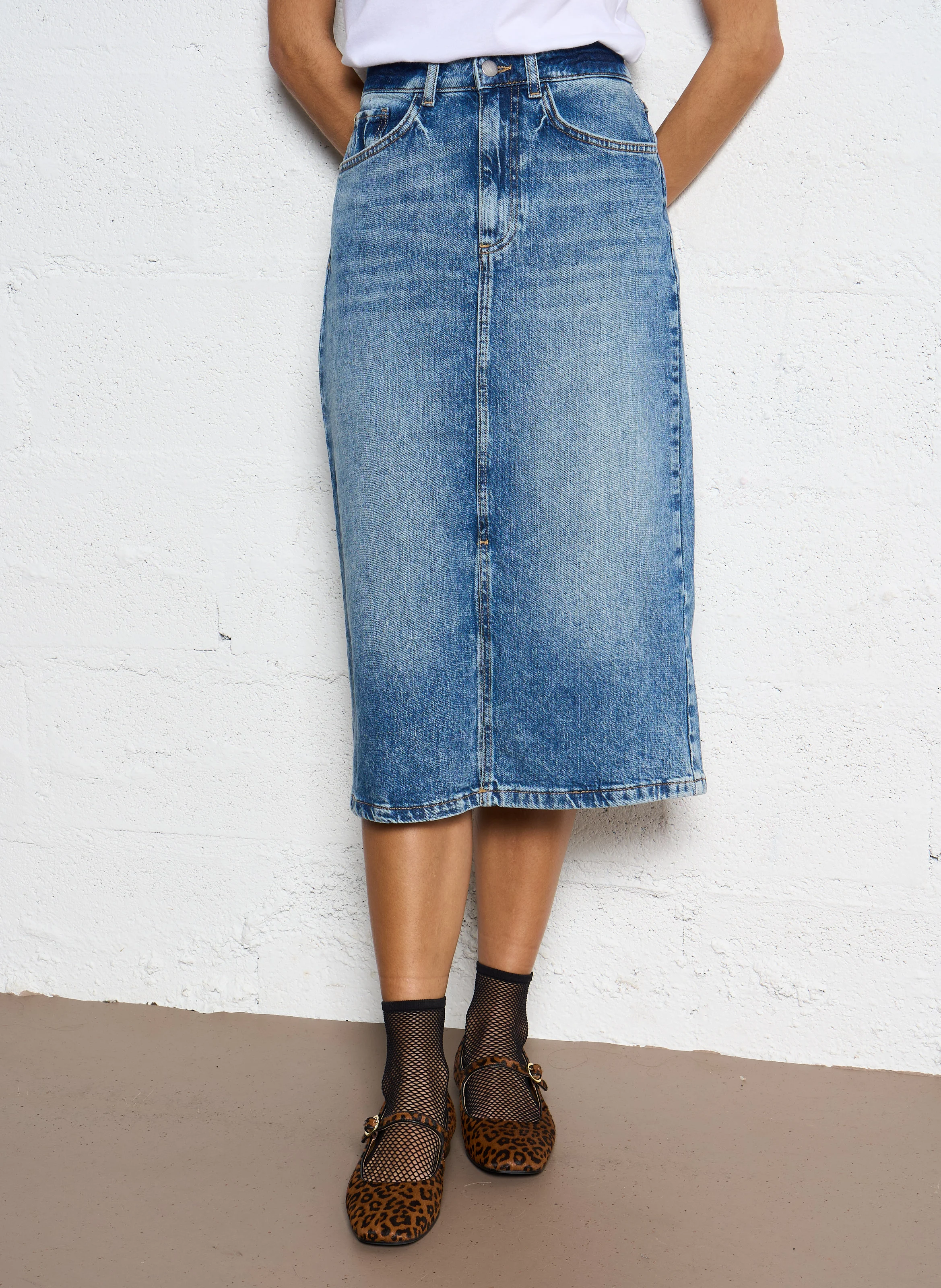 BIRDY - Jupe midi droite en denim stretch | Bleu