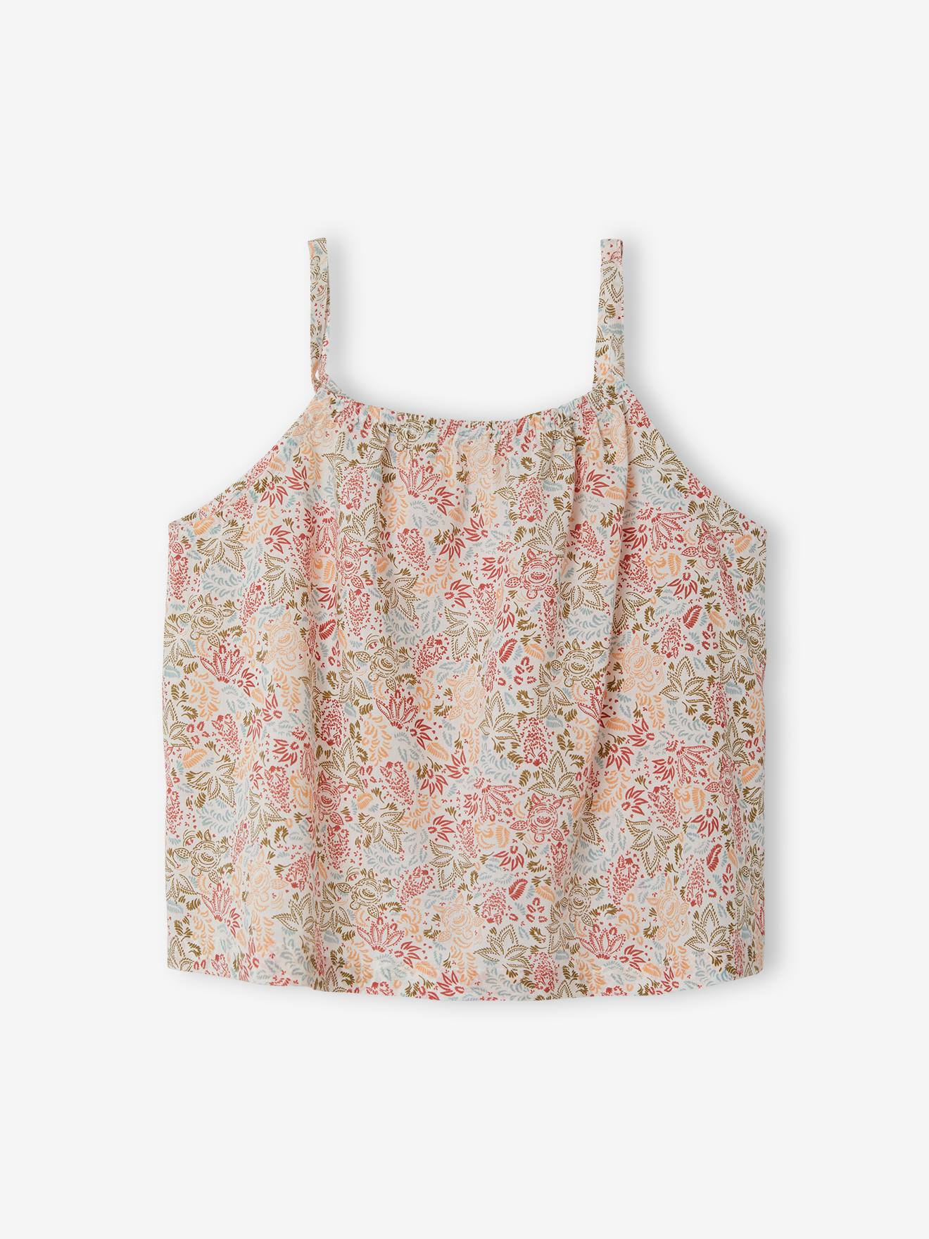 Blusa off-white com alças finas e estampas exóticas para meninas.