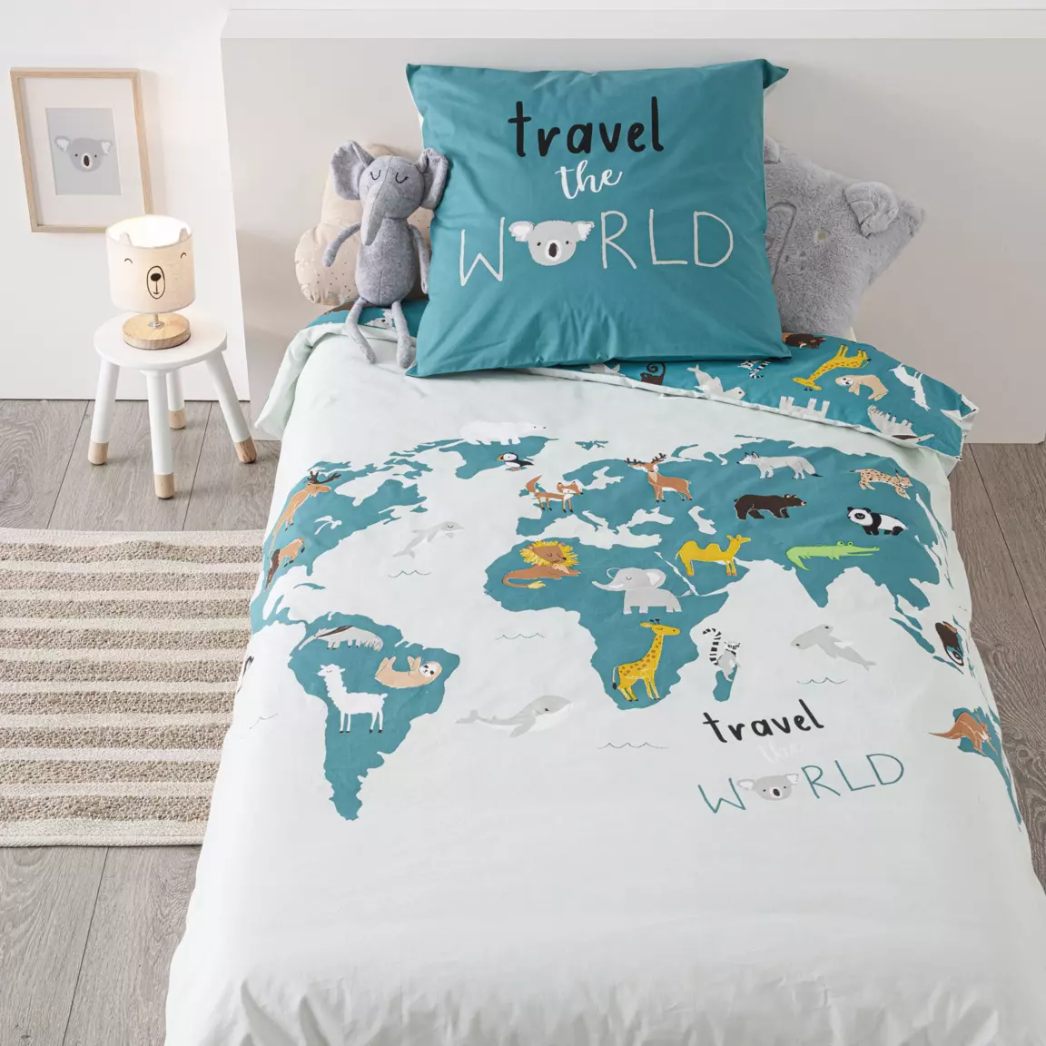 Housse de couette et une taie enfant coton (140 x 200 cm) Carte du Monde Bleue