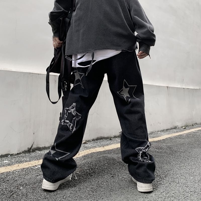 Zentrus - Wijde jeans met sterrenprint en distressed look