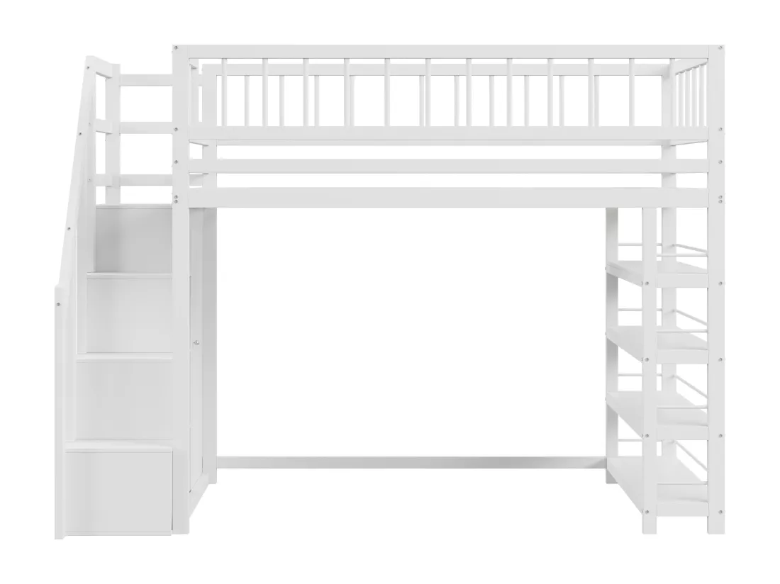 Lits superposés 90 x 200, conception de sécurité haute clôture avec armoire, étagères et rangements, lit en bois massif, blanc
